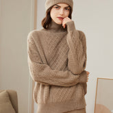 Turtleneck Loose Pullover Cable Pattern Knitted  Cashmere Sweater